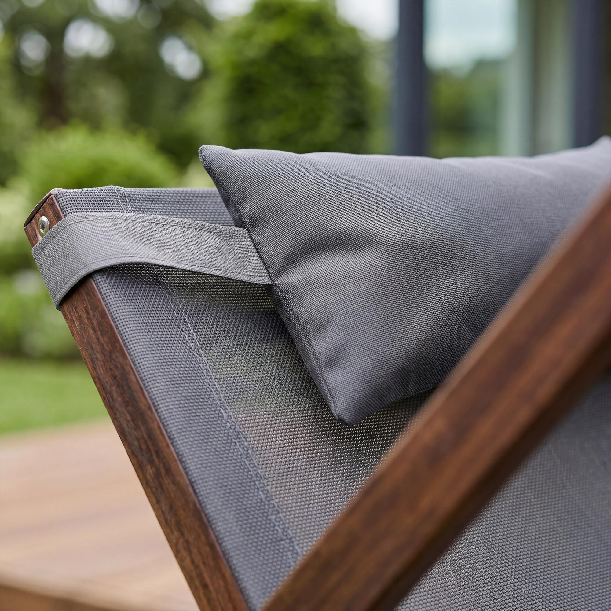 di volio Sonnenliege SPELIO – ergonomische Liege aus Lärchenholz mit Sonnendach und Kissen, wetterfester Liegestuhl für Garten (Grau)