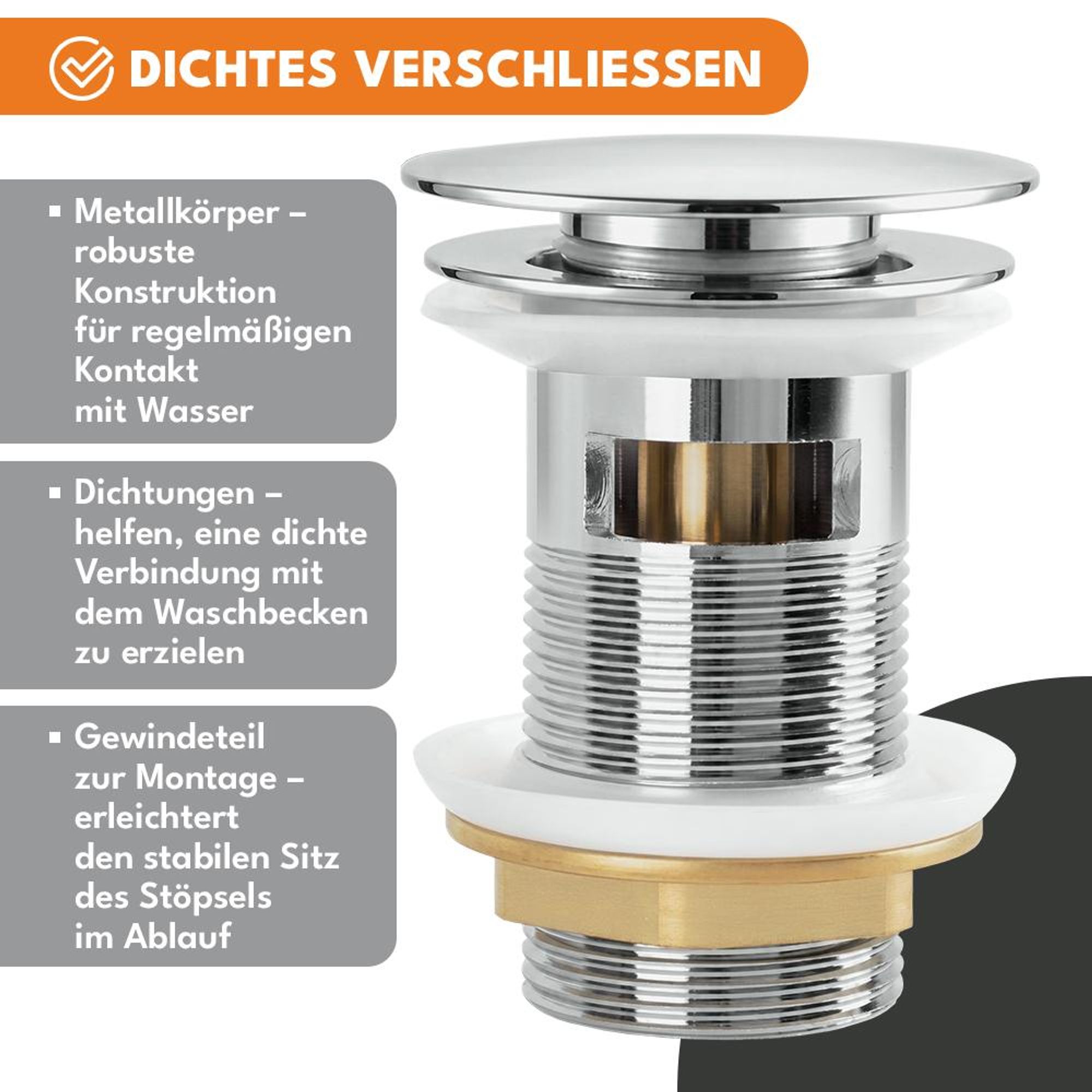 KRUMAD 2-er Set Pop Up Ablaufgarnitur für Waschbecken 40,5 mm, Waschbeckenstöpsel mit Überlauf, Abflussstopfen Chrom für Waschtisch