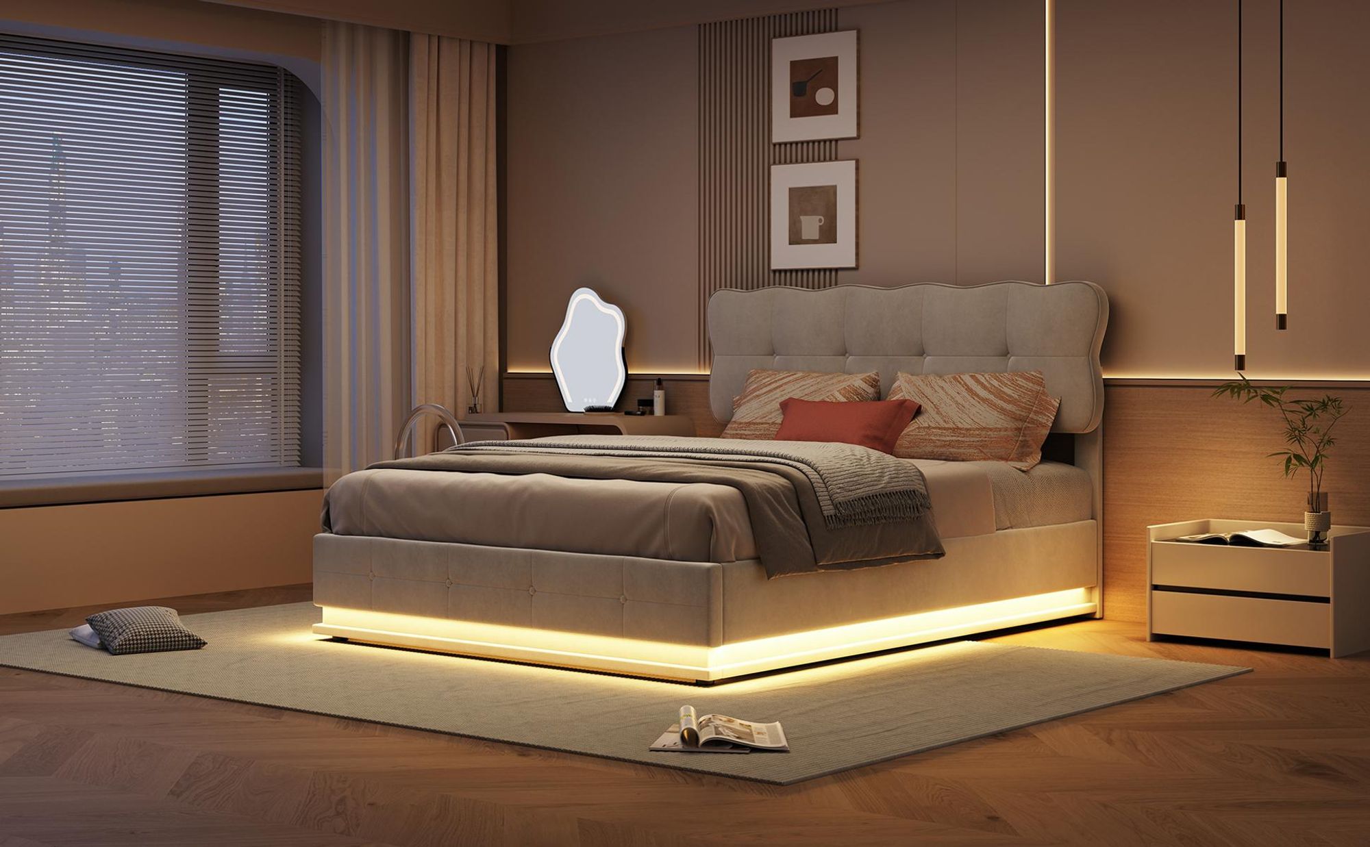INONEFT Bett 160x200 mit Stauraum, Polsterbett Doppelbett mit LED Beleuchtung, Hydraulisch Stauraumbett, Jugendbett, Samt, Beige