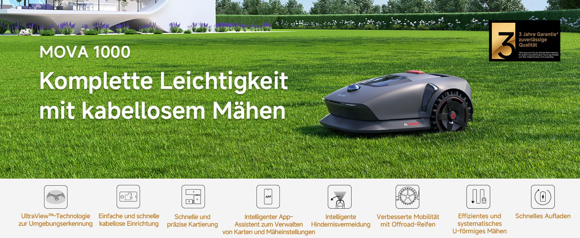 MOVA 1000 Mähroboter + Garage, UltraView, kabellose Einrichtung, bis 1000㎡, präzise Kartierung, smarte Hindernisvermeidung, App-Steuerung