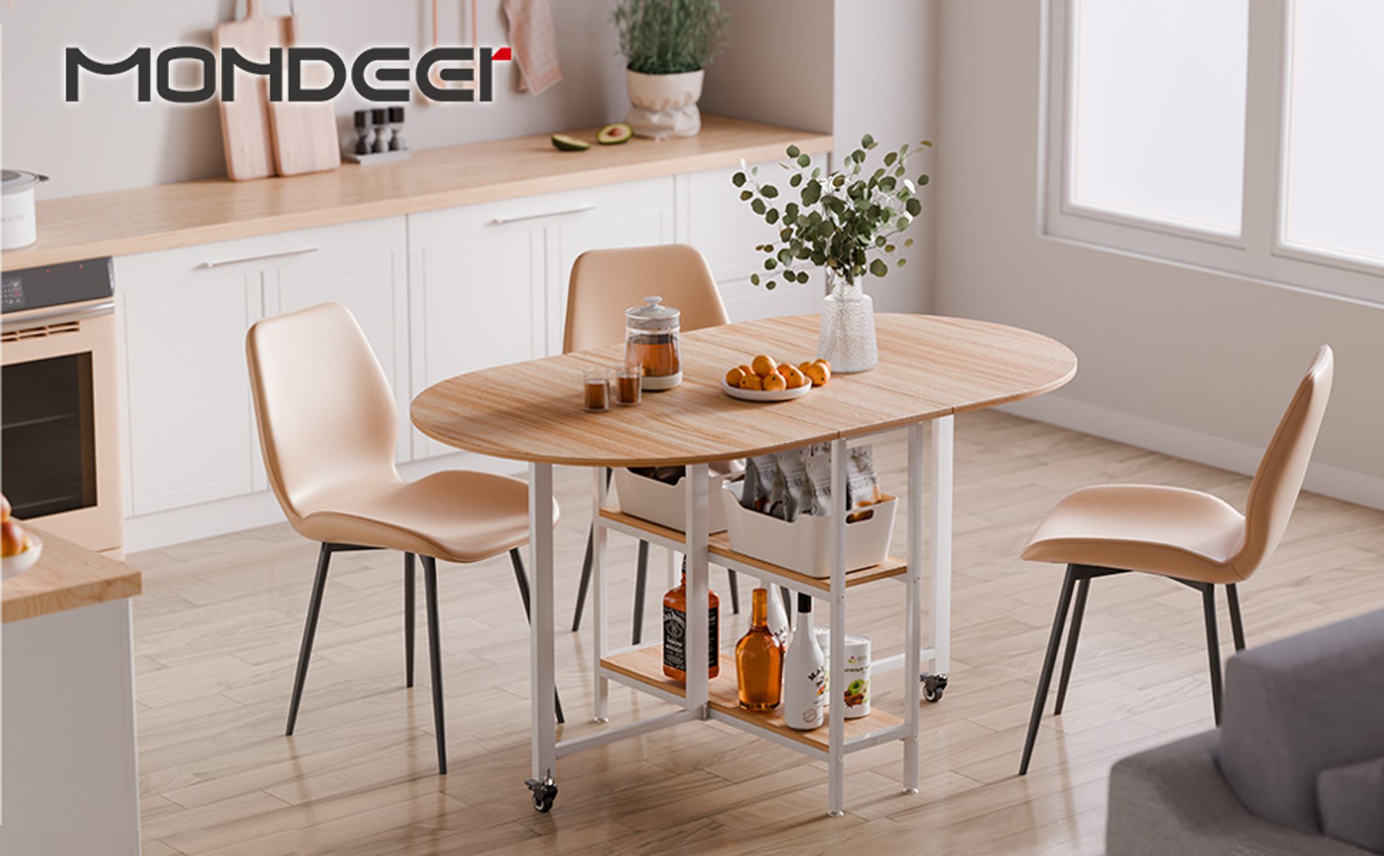 Mondeer Klappbarer Esstisch Küchentisch mit 2 Ablagen und Rollen 140 x 80 x 75 cm Eiche+Weiß