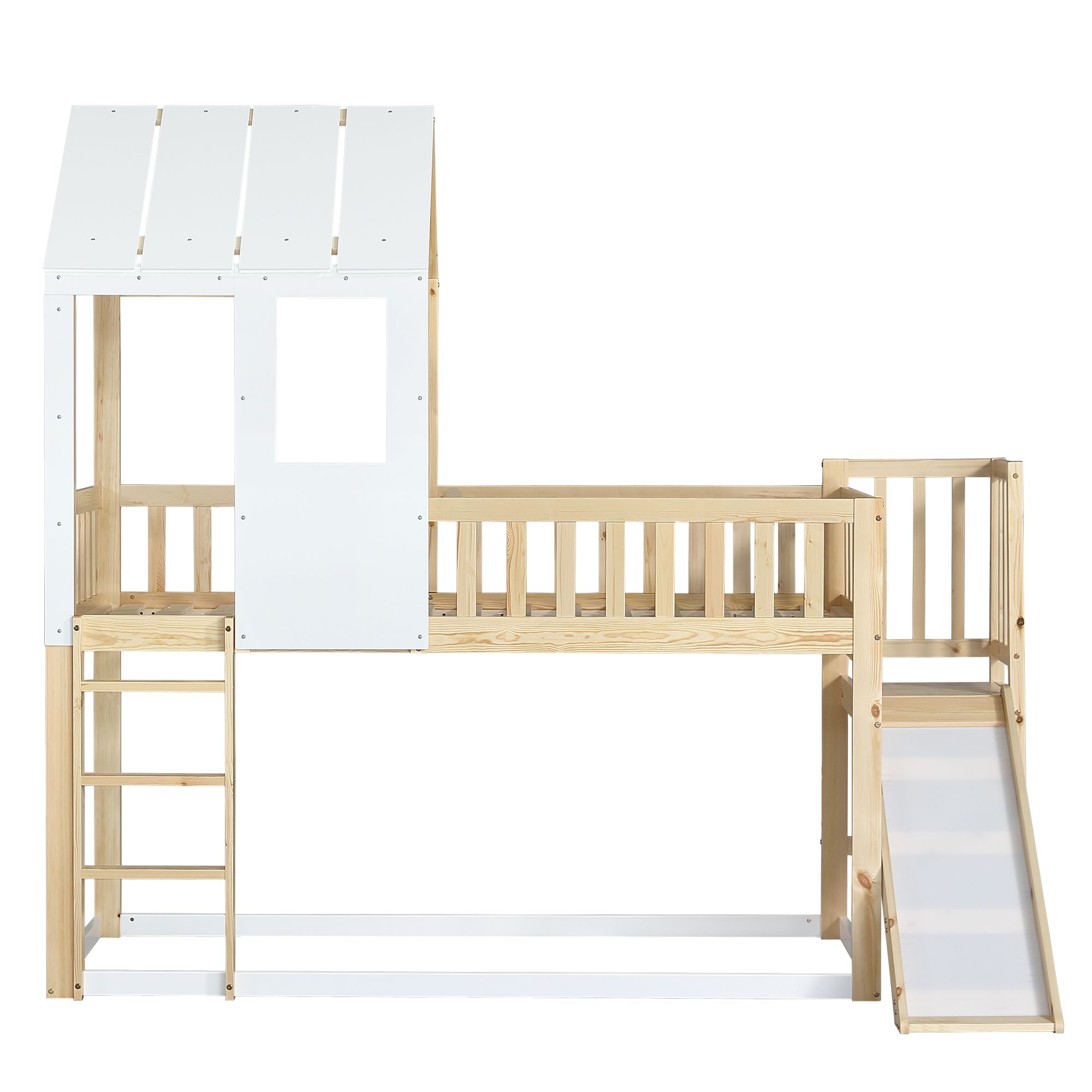 Flieks Etagenbett 90x200cm mit Lattenrost, Kinderbett mit Rutsche und Leiter, Hausbett mit Rausfallschutz, Einzelbett Massivholzbett