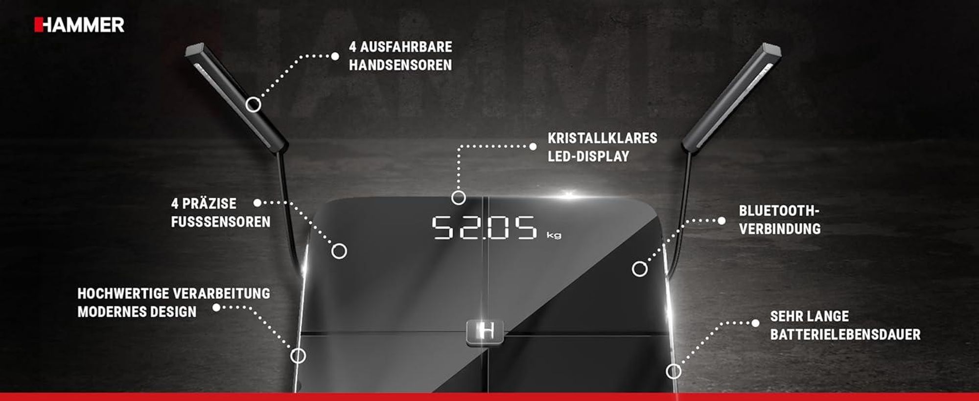 HAMMER Körperanalysewaage Body Screen TX, weiß, 8 Sensoren, 15 Messungen inkl. App
