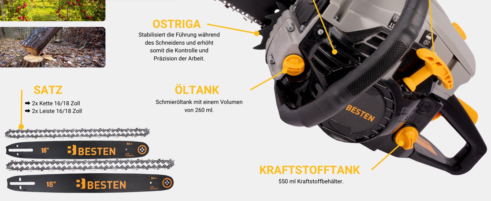 BESTEN Benzinsäge, Benzin Kettensäge, 58CC Holzkettensäge, 2x Kette, 2x Führungsschiene + Öl
