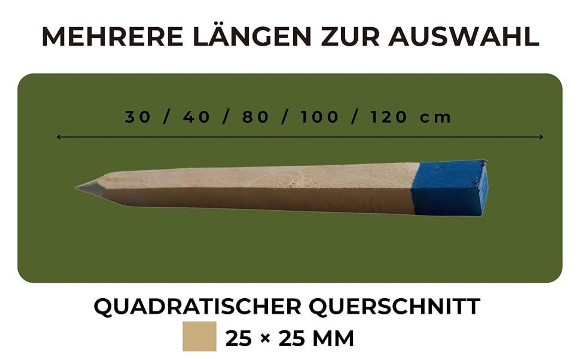 25 Stück Holzpfähle Buche 25x25 mm Länge 120 cm Blau Spitze Markierungspfosten Pflanzstäbe Zaunpfosten