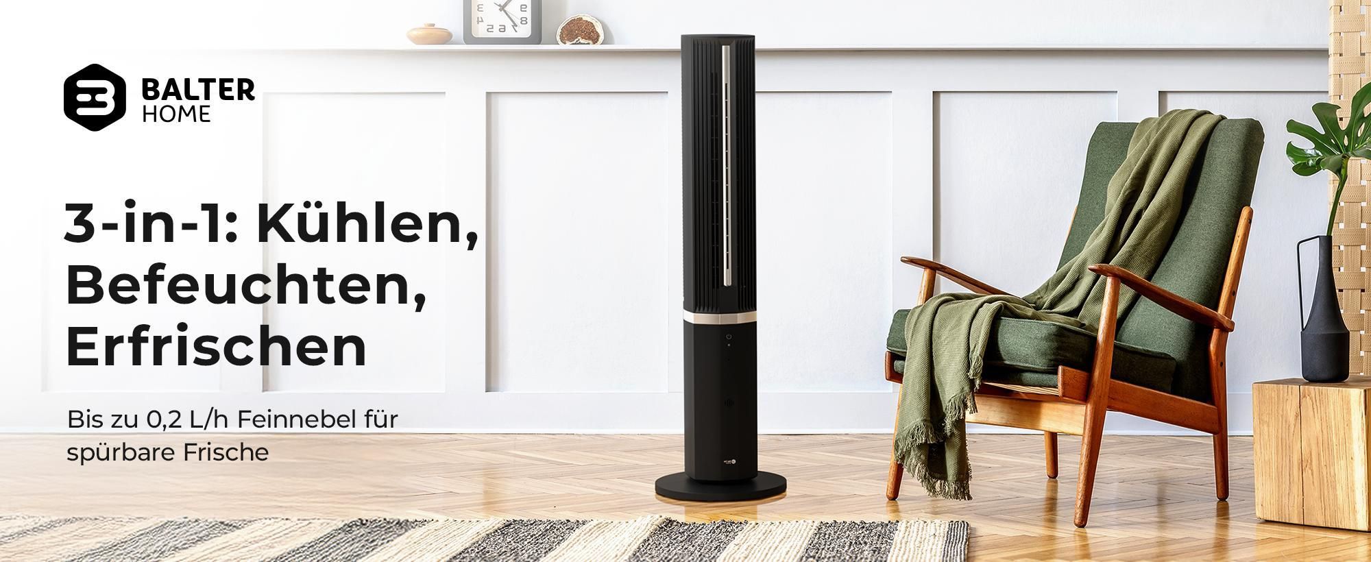 Balter 5-in-1 Ventilator mit Wasserkühlung, Turmventilator, Fernbedienung, Oszillation, 55 Watt, Luftkühler, Luftreiniger, Luftbefeuchter, sehr leise