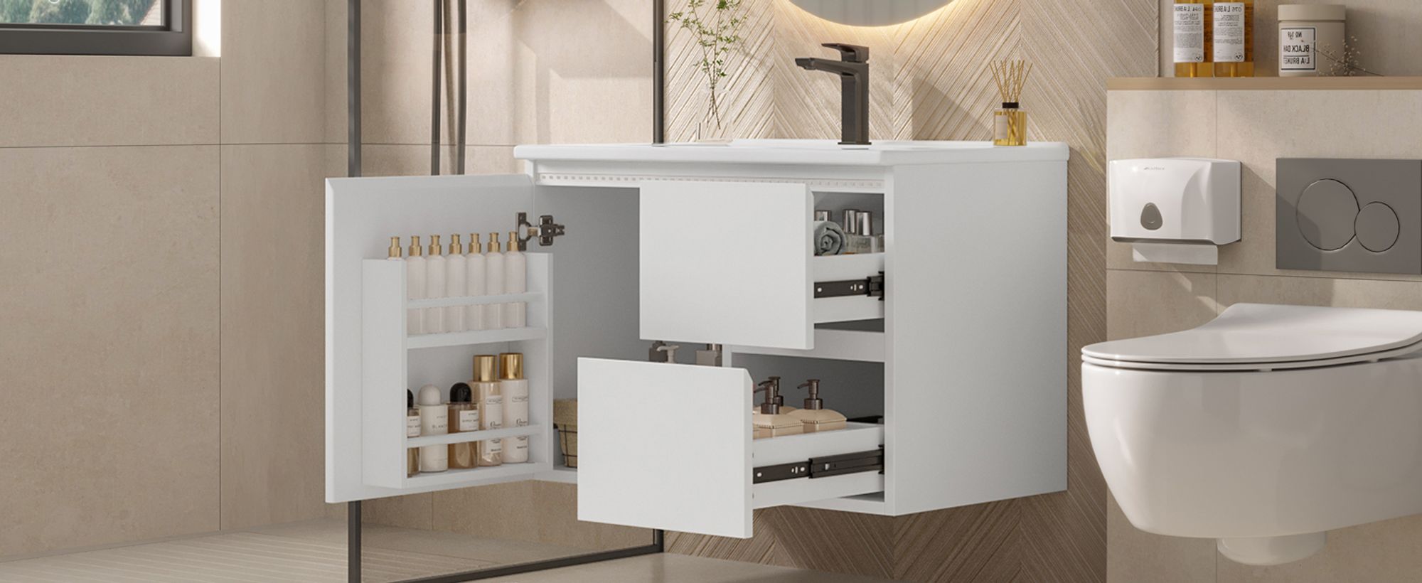 Flieks Waschbecken mit Unterschrank 76x46x50 cm, Badezimmerschrank wandhängend, Kommode mit LED-Radarsensor-Beleuchtung, weiß