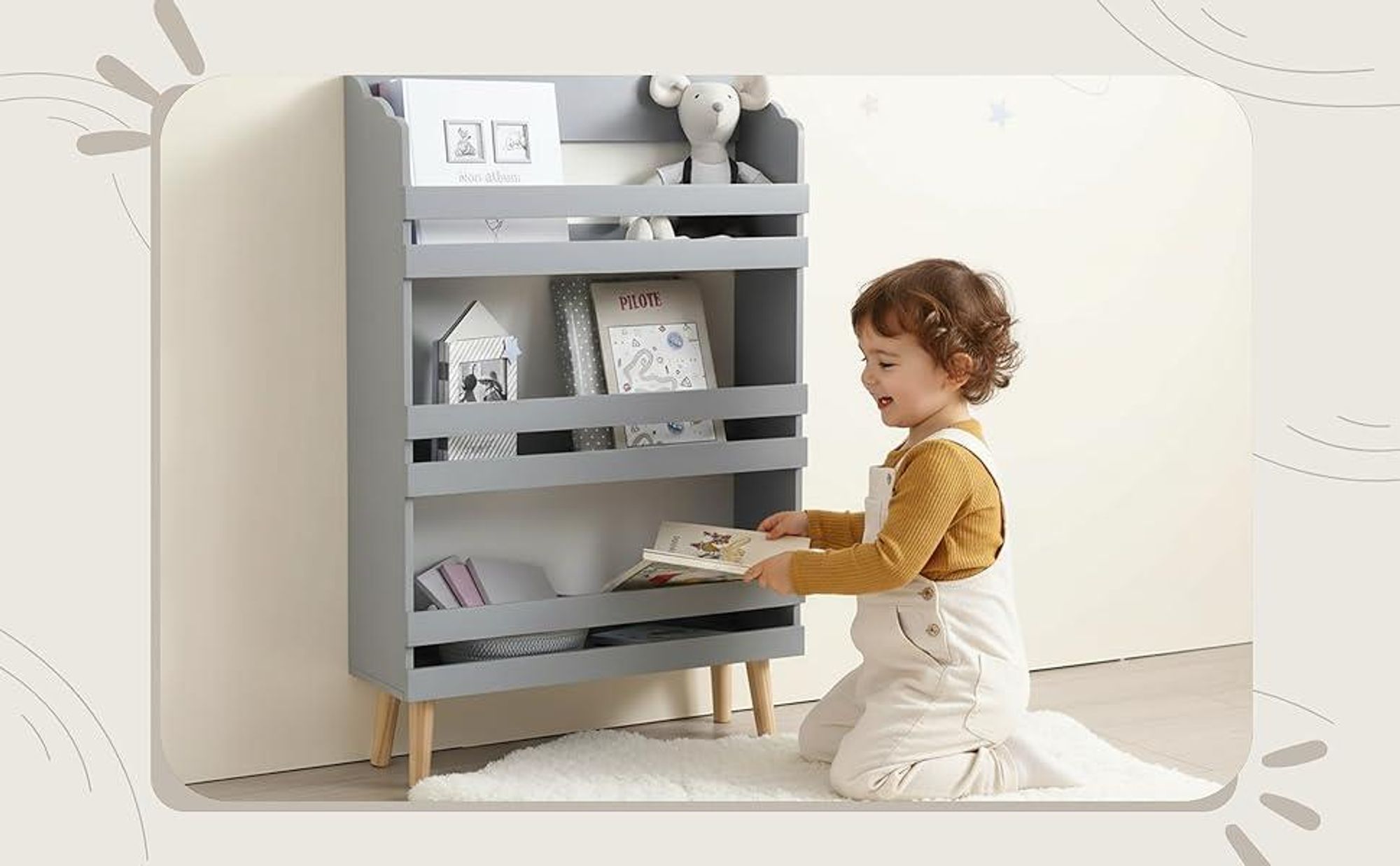 Kinderbücherregal, 3-stöckiges Kinderregal, aus MDF-Holz, 58x18x100cm - Grau