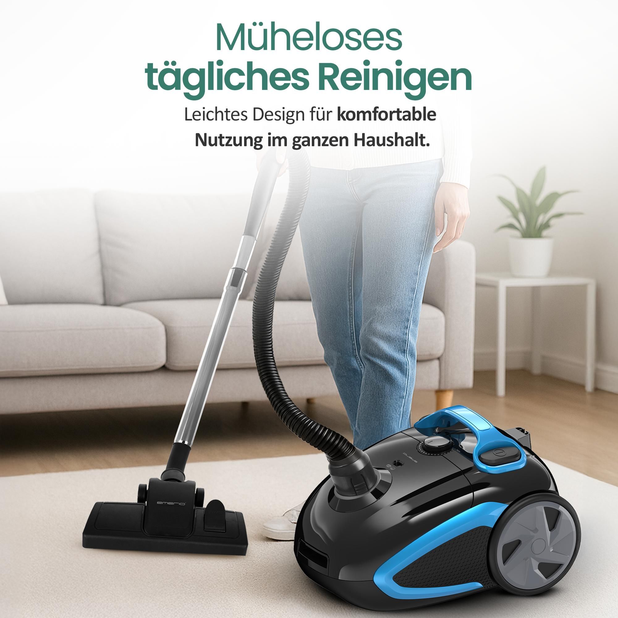 Emerio Staubsauger mit Beutel – 2,5 Liter – HEPA10-Filter – Kabellänge 5 m – 800 W – VE-112682.8 – Schwarz / Blau