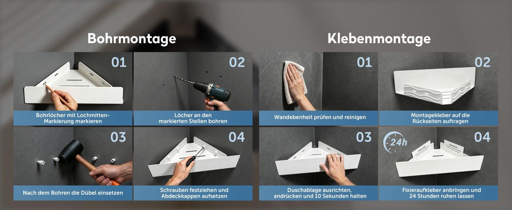 Mai & Mai Duschablage zum Bohren oder Kleben, Duschregal Badablage Ecke, Badezimmerablage zur Wandmontage für Bad und Küche, Sandweiß Reglo-07