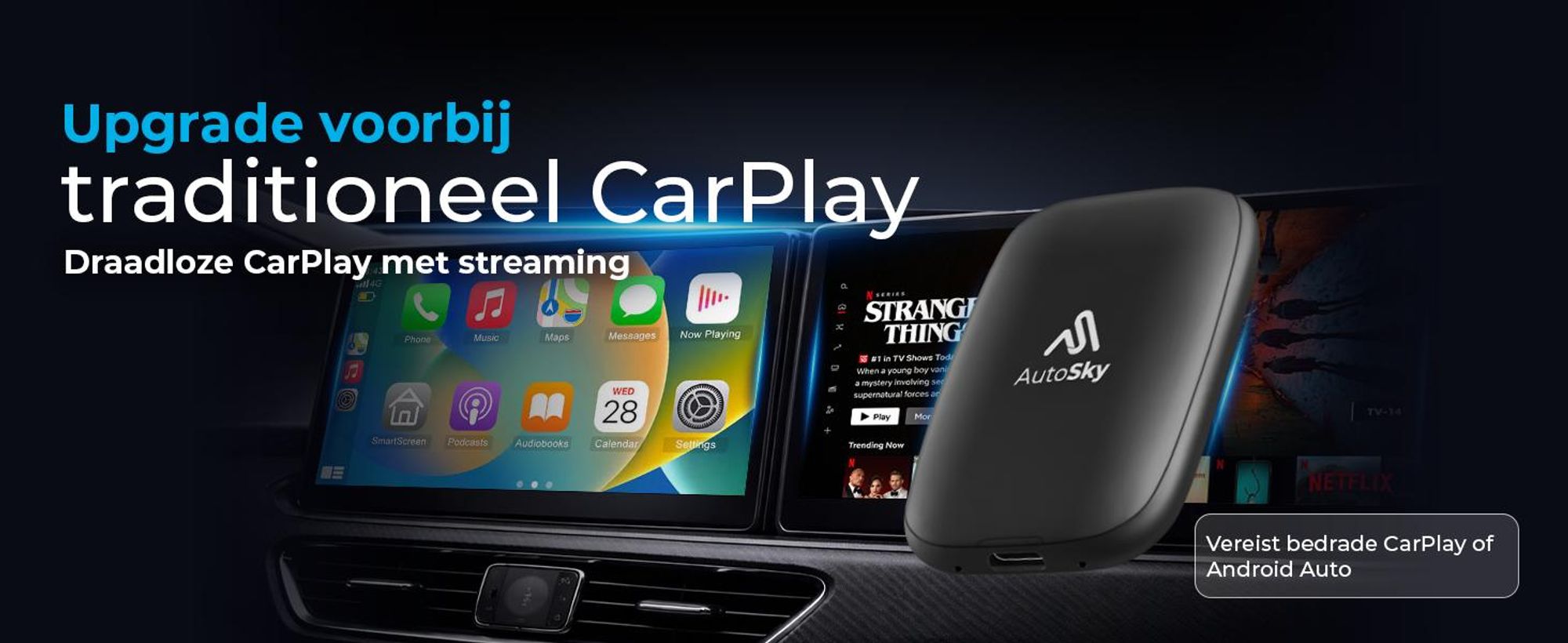 AutoSky AI Box Lite – Draadloze CarPlay & Android Auto met Netflix en YouTube, Plug & Play voor iPhone en Android