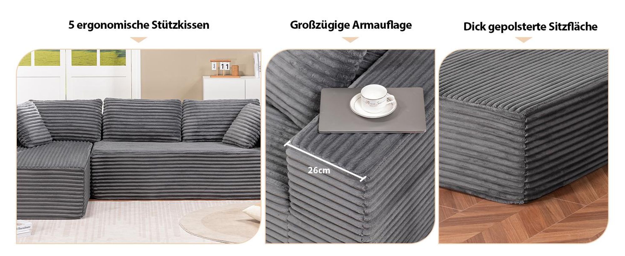 COMHOMASofa Big-Sofa, L-förmige Sofa, Couch Ecksofa, Chaiselongue Schlafsofa mit tiefer Sitzfläche und breiten Armlehnen, Cordstoff dunkelgrau-R