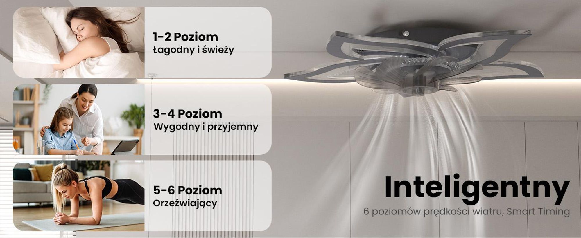 Wentylator sufitowy Heilmetz z oświetleniem, średnica 69 cm, z regulacją jasności, 6 prędkości, wzór kwiatowy, cichy wentylator LED z pilotem, kolor czarny