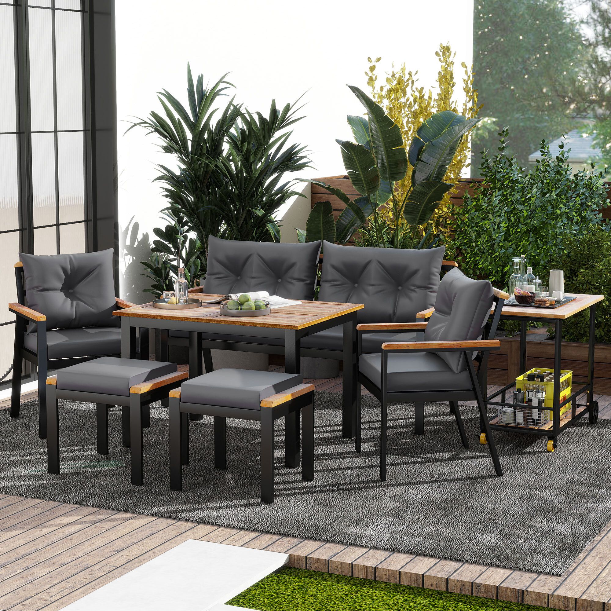 Merax Gartenlounge-Set aus Akazienholz und verzinktem Eisen, Essgruppe mit Sesseln, Hocker, Tisch & Servierwagen