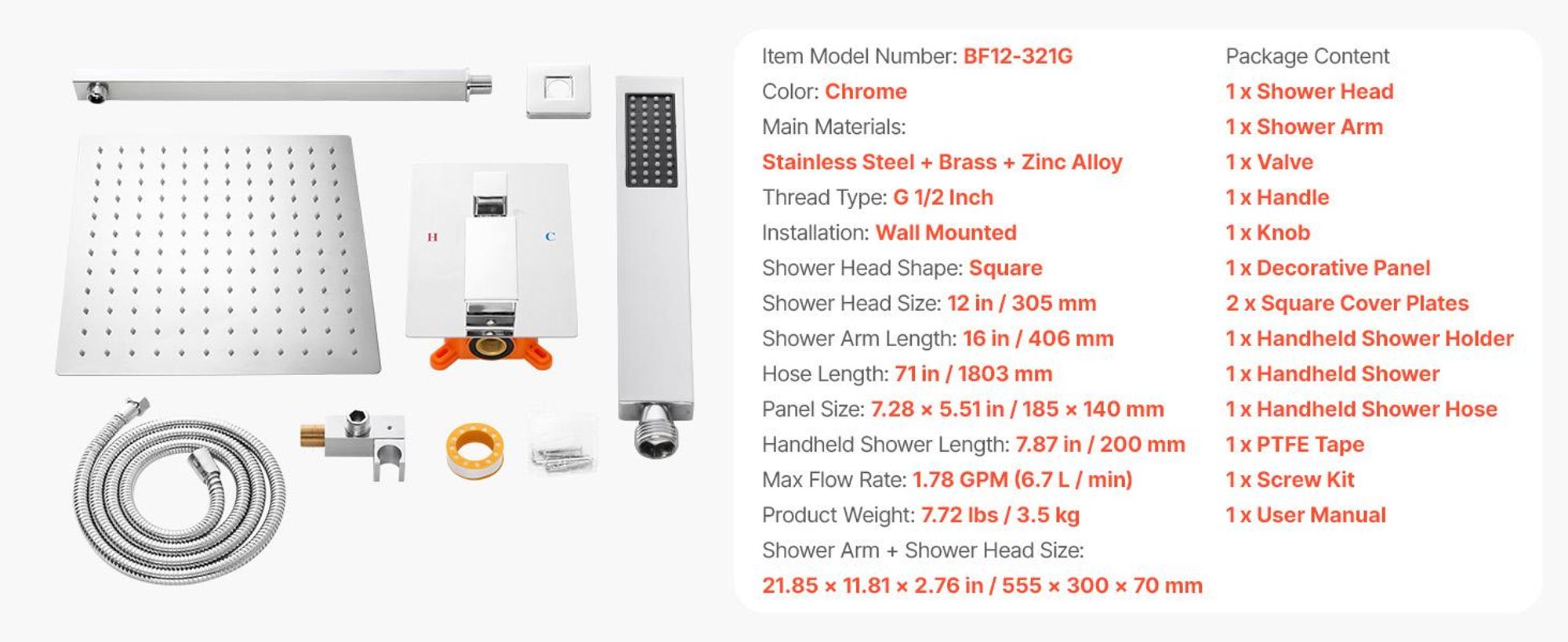 VEVOR Duscharmatur Regenduschsystem fürs Badezimmer Duschsystem mit 305 mm quadr