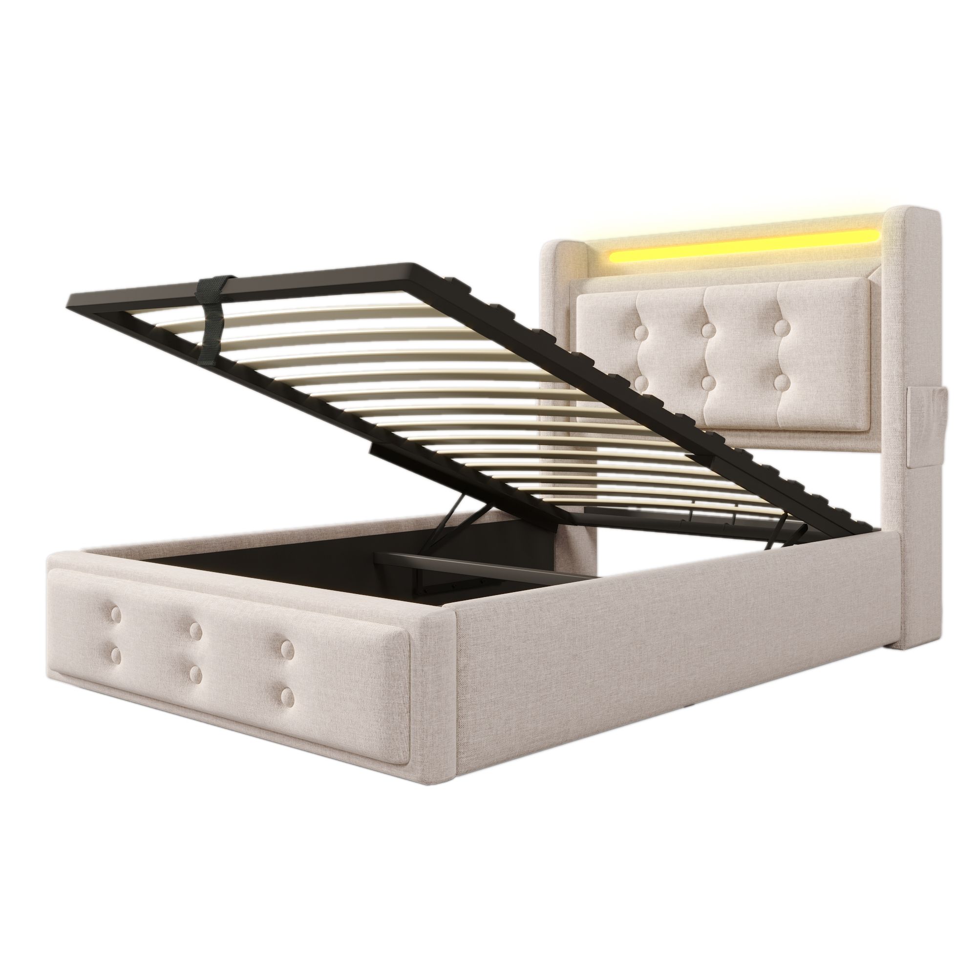 Flieks Polsterbett 90x200cm mit Ladefunktion, Einzelbett Jugendbett mit LED, Hydraulisches Stauraumbett Boxspringbett mit Lattenrost, Baumwolle, Beige