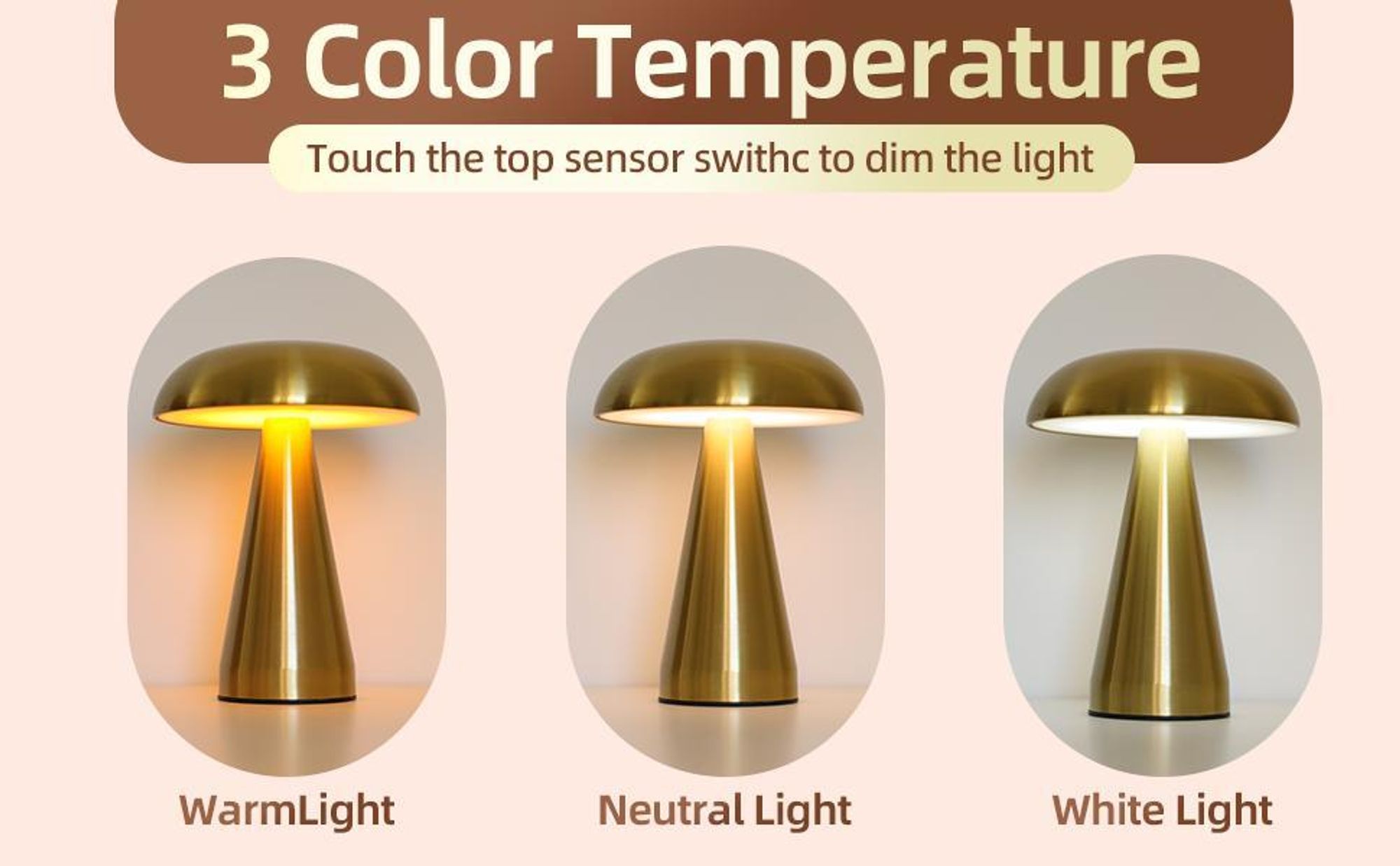 LED-Pilzlampe, tragbare Metall-Schreibtischlampe,USB-Aufladung Nachttischlampe,  dreifarbiges Touch-Kabellos Dimmen, Augenschutz-Nachtlicht, Silber