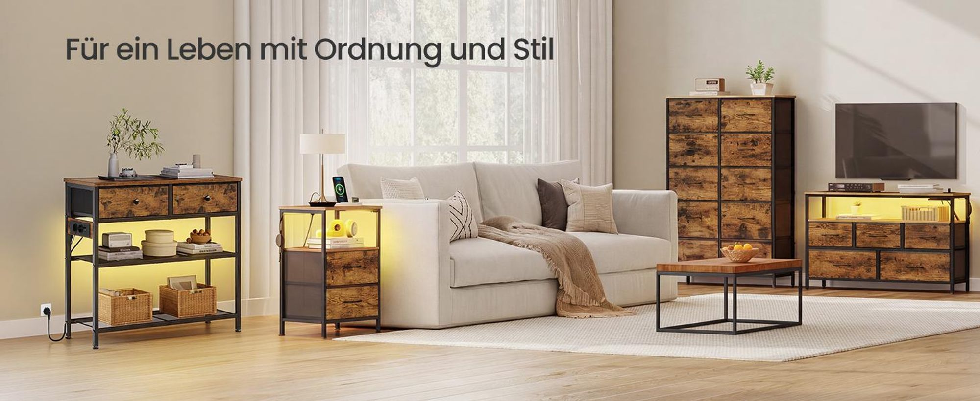 SONGMICS Konsolentisch mit LED-Beleuchtung, schmaler Konsolentisch mit Steckdose, Flur oder Wohnzimmer, 2 Schubladen, braun