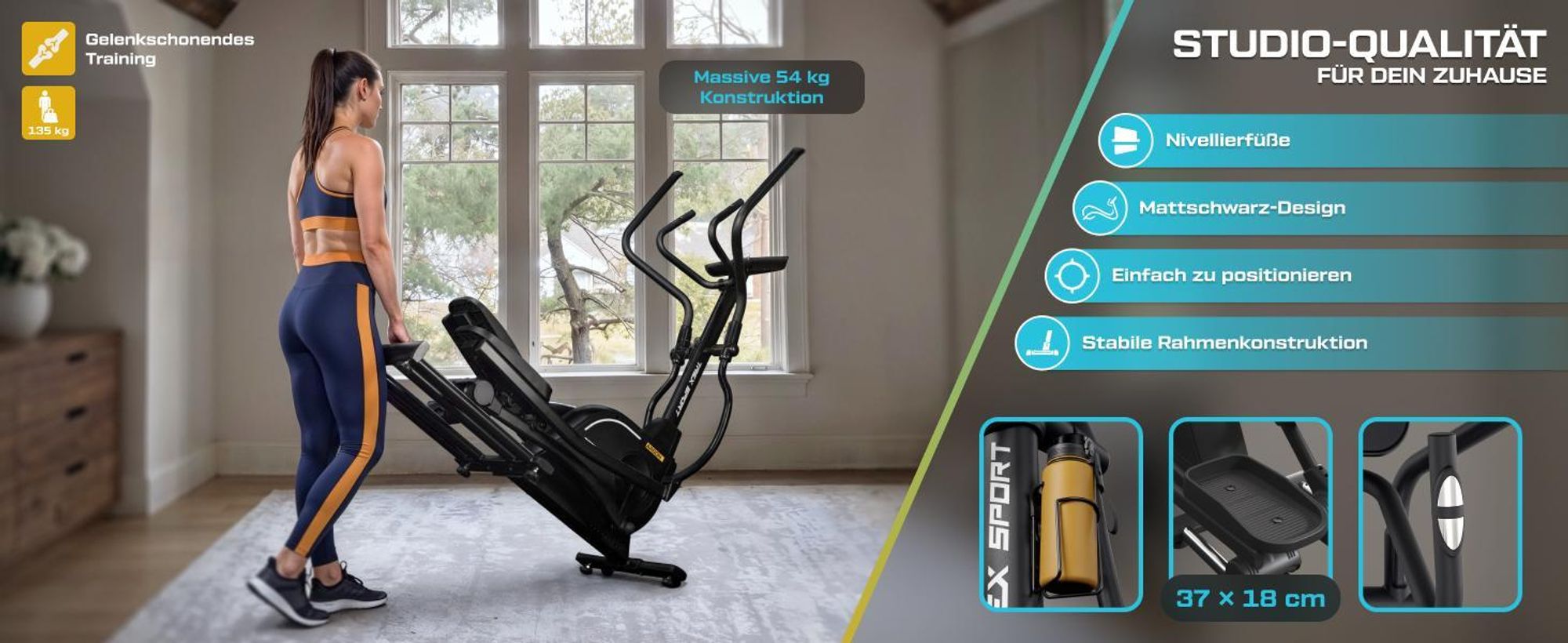 TREX SPORT Crosstrainer für zuhause TX-900ECT ARGON | Ellipsentrainer, 32-stufiger Widerstand, Pulssensoren, Bluetooth | Trainingsprogramme, bis 135kg