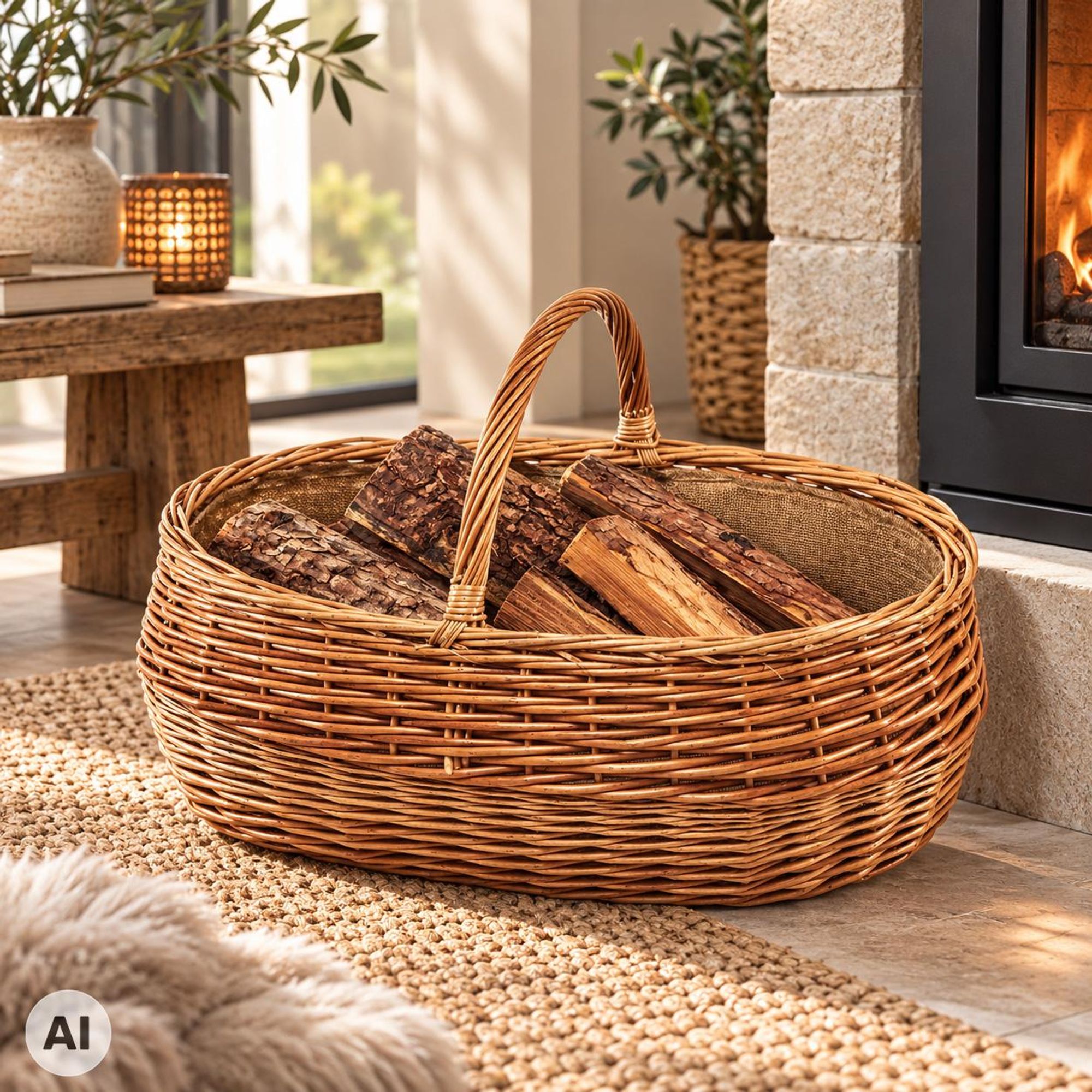 Kobolo Kaminholzkorb Holzkorb für Kaminholz EMBERI oval aus gekochte Weide mit Jutefutter | Feuerholzkorb Brennholzkorb