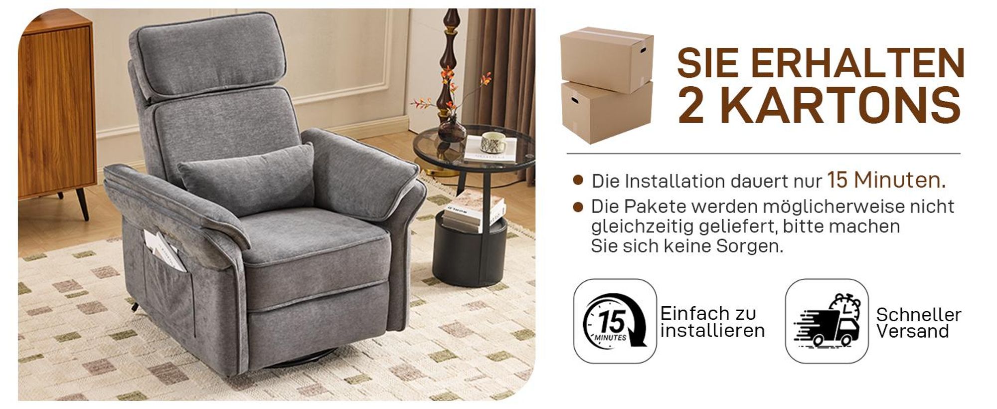 LEADZM Stillstuhl Relaxsessel Fernsehsessel, elektrischer Neigungs, 300° Drehfunktion, verstellbare Kopfkissen Armlehnen, Dunkelgrau