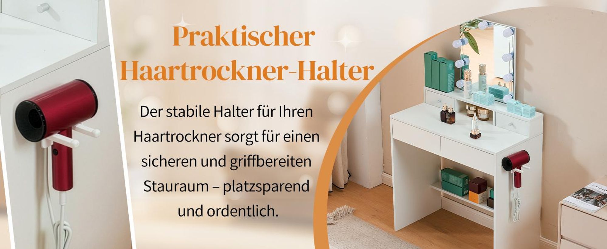 FCH Schminktisch mit LED-Beleuchtung dimmbare 3-farbige, Föhnhalter, weiß