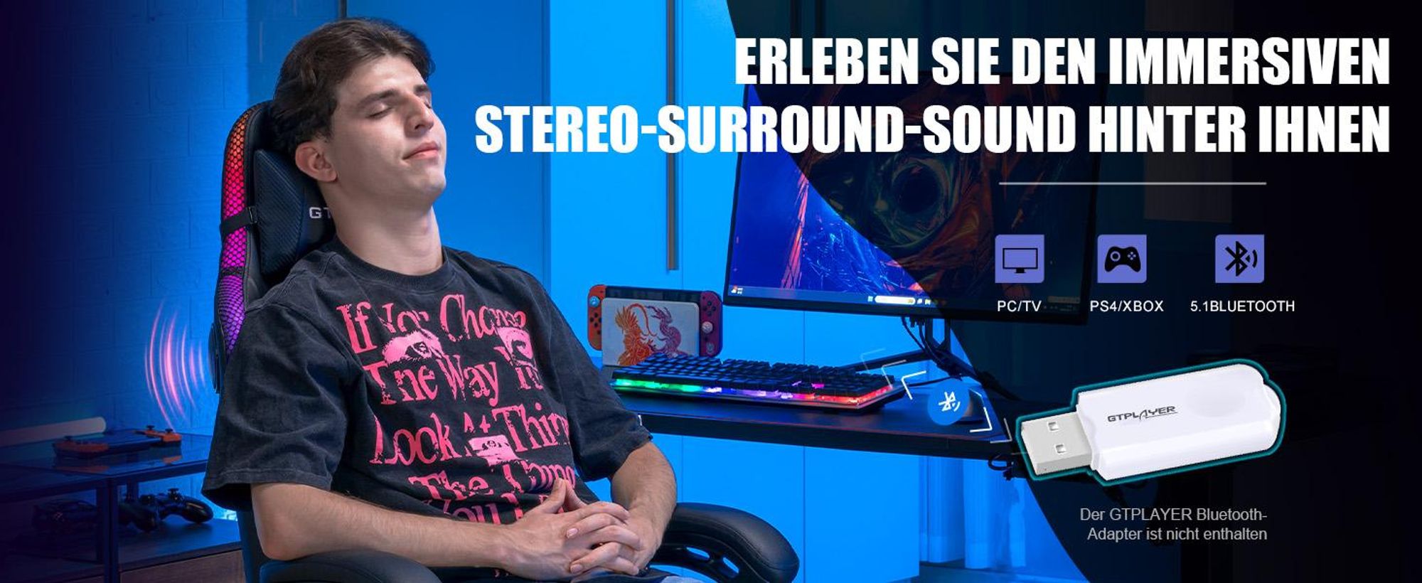 GTPLAYER Gaming Stuhl mit Lautsprecher und LED, Bürostuhl Gaming Chair Gamer Stuhl, Rückenlehne mit Aufbewahrungstasche Ergonomischer PC Stuhl schwarz