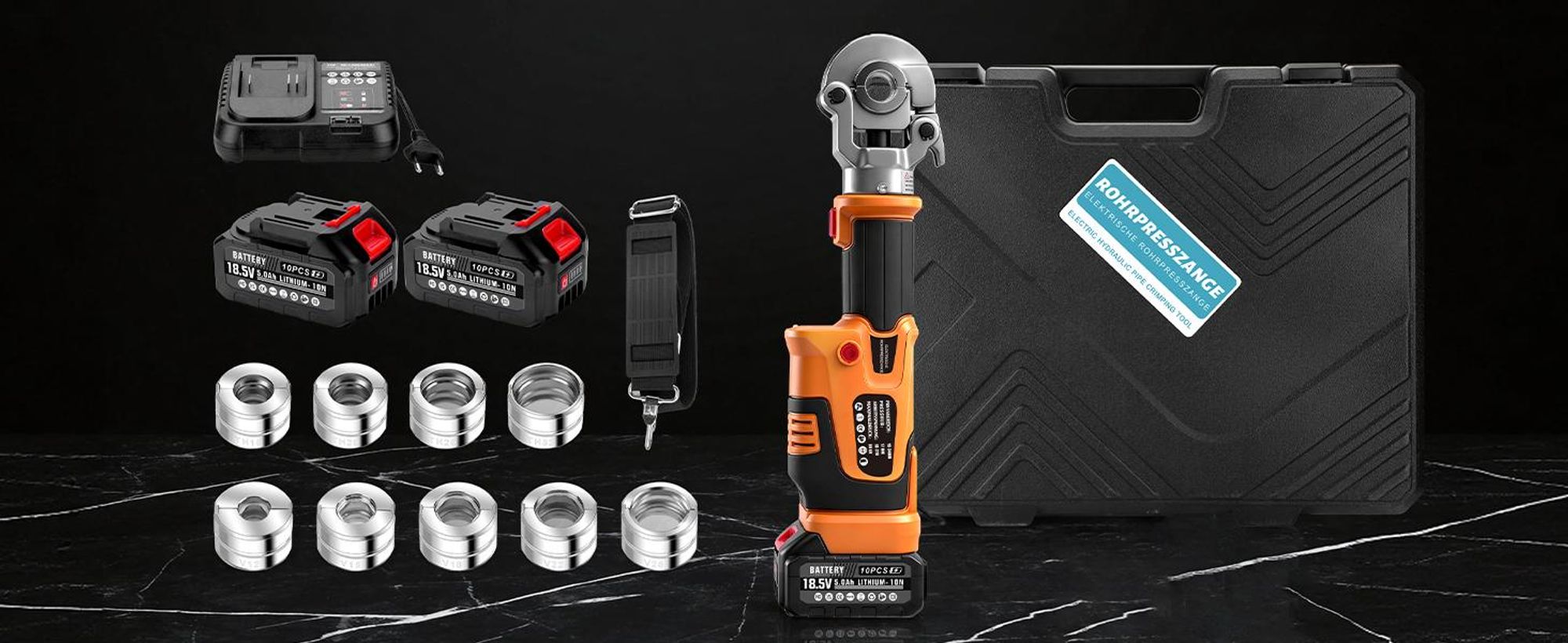Akku Presszange V-Kontur TH-Kontur, LCD-Display, Hilfsgurt, Automatische Druckentlastung, Crimpzange für Kupferrohre Edelstahlrohre Verbundrohr