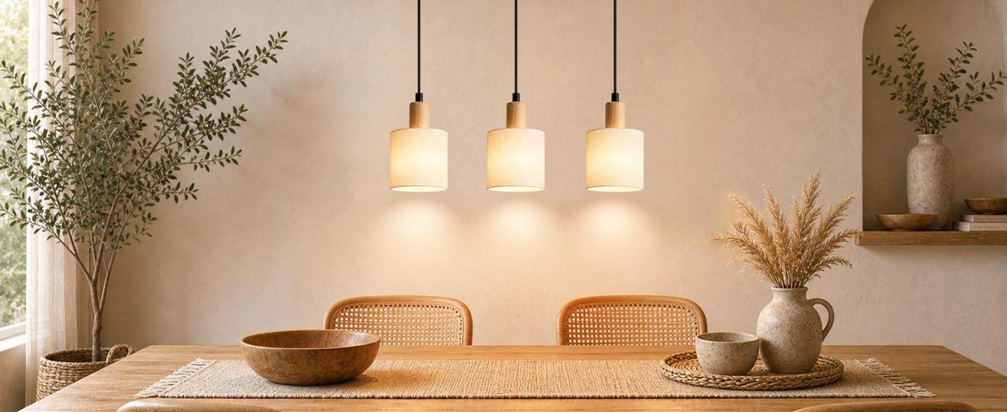 ZMH Pendelleuchte mit Stoffschirm 3 Flammig Holz Esstischlampe Vintage Hängeleuchte E14 Hängelampe für Wohnzimmer Restaurant Schlafzimmer Küche Weiß