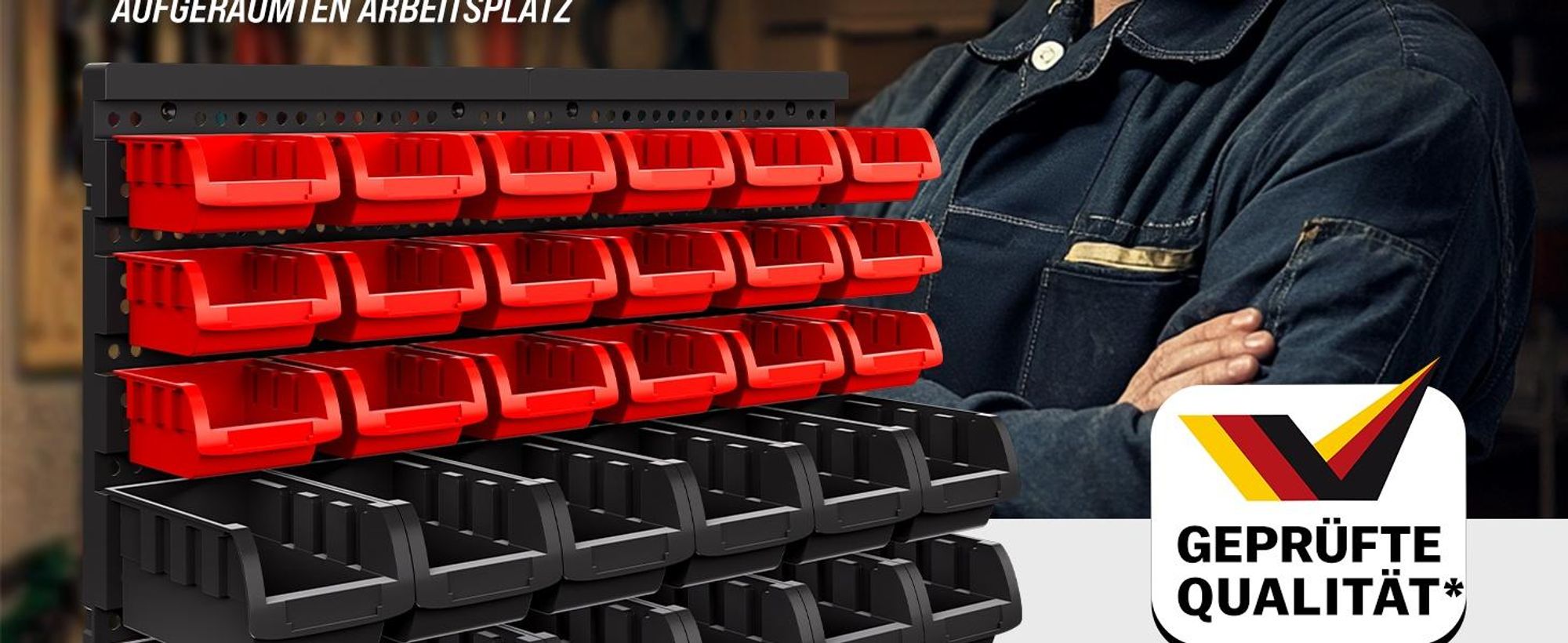 Wandregal mit 32 Stapelboxen, 12 große & 18 mittlere, stapelbar, herausnehmbar, Wandplatte 380x320x20 mm