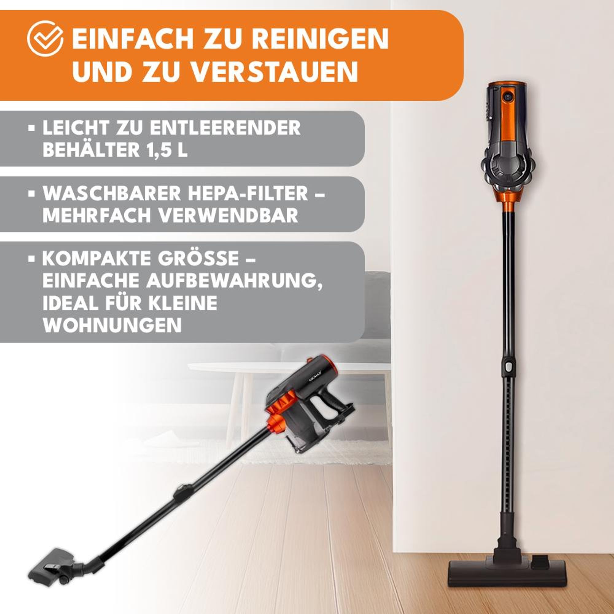 KRUMAD Staubsauger 600W - Beutelloser Bodenstaubsauger mit HEPA-Filter, 1,5L Behälter, 5m Kabel, Leichter & Leiser Handstaubsauger für Teppiche, Lamin