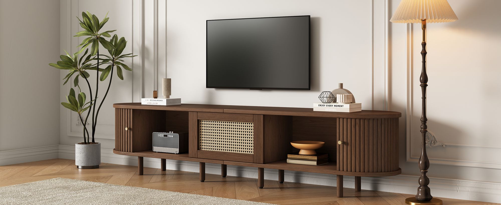okwish TV-Schrank,Sideboard，Lowboard，Aufbewahrungsmöbel，Schrank mit Stauraum ，TV-Ständer für Wohnzimmer,verstellbare Füße,Rattan flechten， Dunkle Walnuss