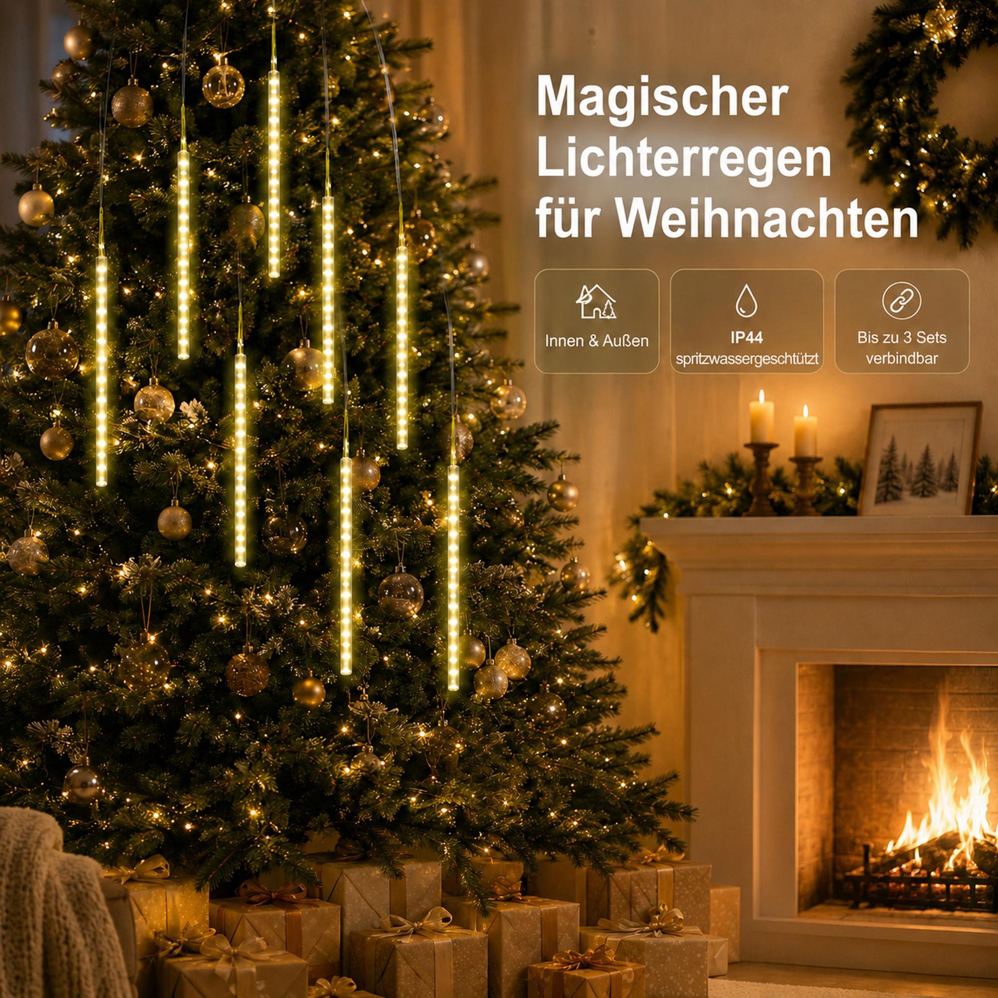 2.4M Meteorschauer Lichterkette 192 LED Weihnachtsdeko Eiszapfen Lichterkette Winter Halloween Dachrinne Fenster Garten Balkon Deko, Warmweiß