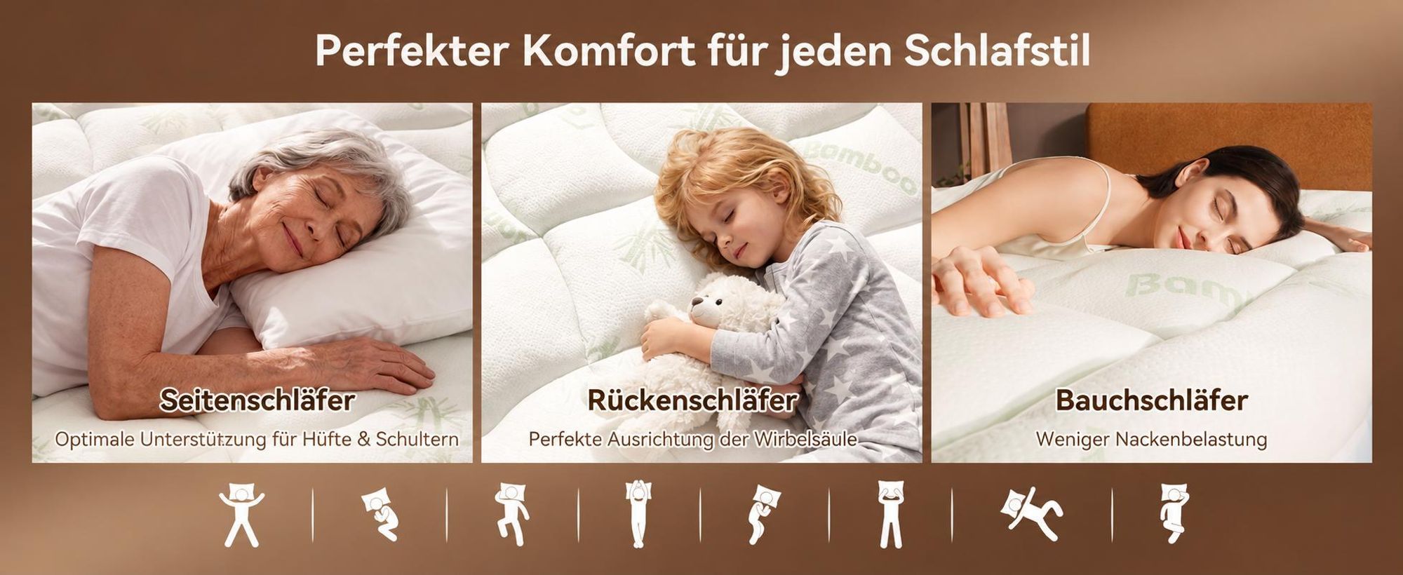 NicePlus 2-in-1 Topper, 180x200X10cm, 5-Zonen Memory Foam + Bambus-Pillow-Top, mit Eckgummis für alle Matratzen, H2/H3, Grün