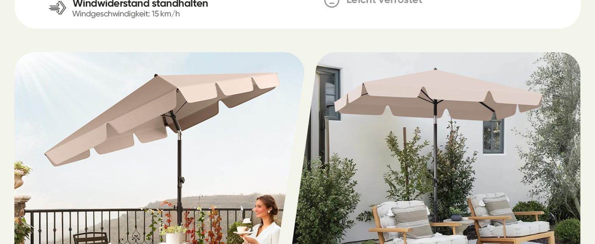 Sekey Sonnenschirm 200 x 125 cm Rechteckig Balkonschirm mit Balkonklammer und Schutzhülle, Neigbar, UV50+ Schutz, Taupe