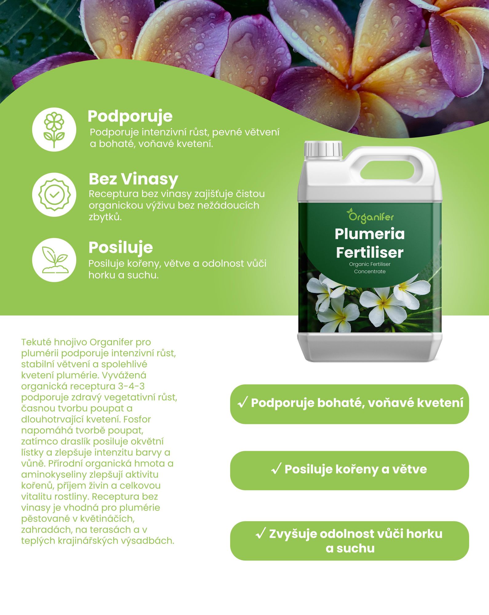 Frangipani Tekuté Hnojivo 2x1 L – 3-4-3 NPK – Pro Plumeria – Podporuje Kontinuálne Kvetení & Vitálny Růst – Organifer