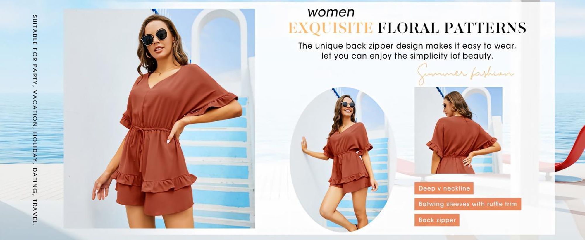Sommerliches Strandkleid für Damen, V-Ausschnitt, Rüschen und Taillengürtel
