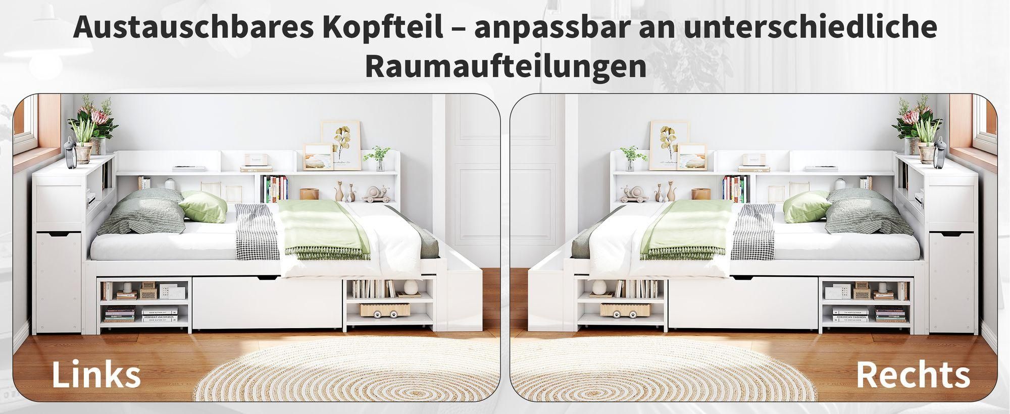 MODFU Kinderbett Schlafsofas Holzbett 140x200cm mit Schubladen und Lattenrost, Jugendbett mit Bücherregal und Stauschrank, großer Stauraum, weiß