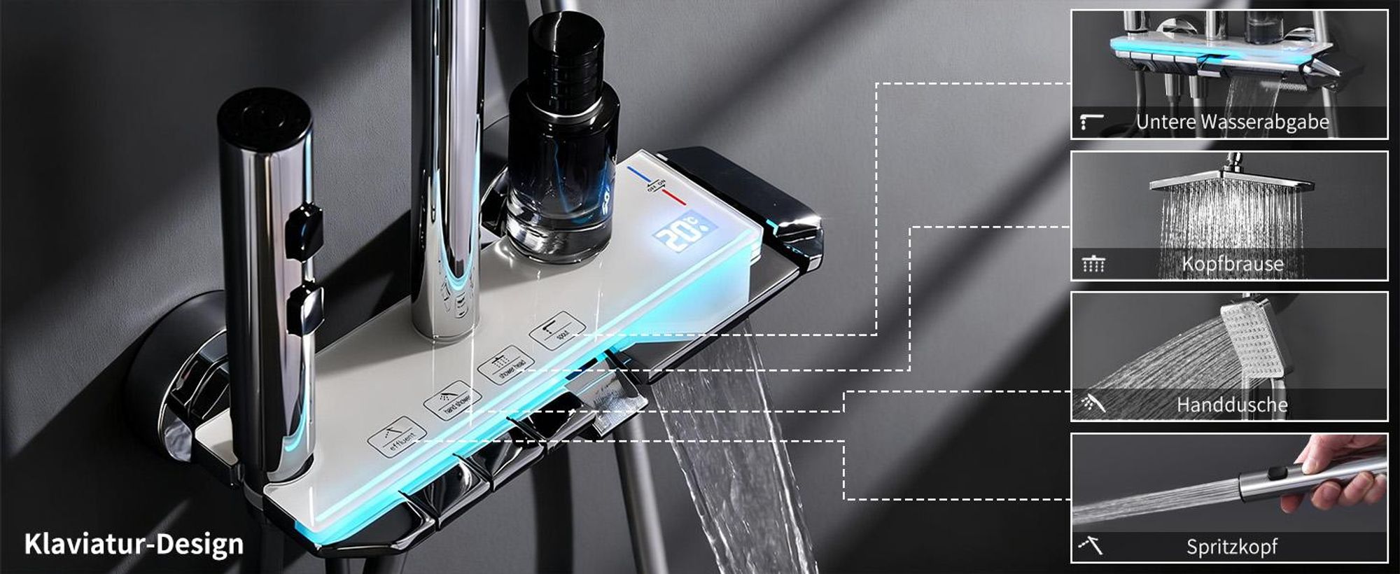 Homelody Duschsystem Messing Chrom, 4 Wasserausgabe Modi, Duscharmatur Komplettset, Duschset Digitale Temperaturanzeige mit Atmosphärenlicht