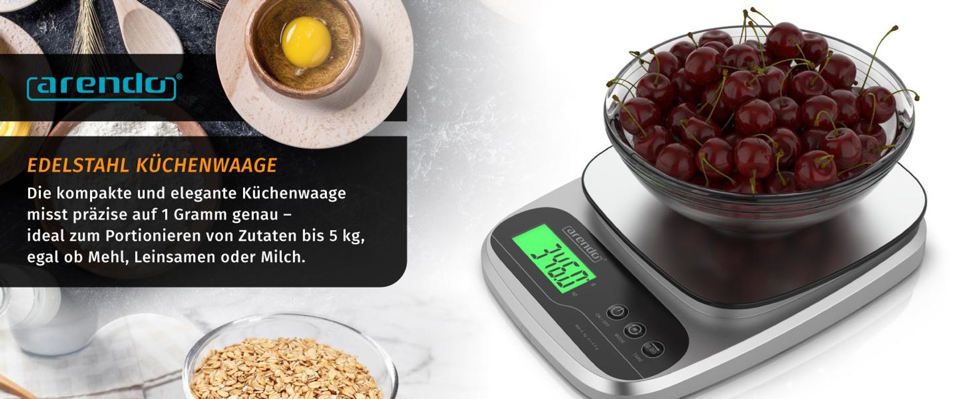 Arendo Küchenwaage digital, Edelstahl, bis 5000 g, 1g Auflösung, Digitalwaage, Tara, Hold, Überlastanzeige, automatische Abschaltung, Antirutschfüße, GS, präzise