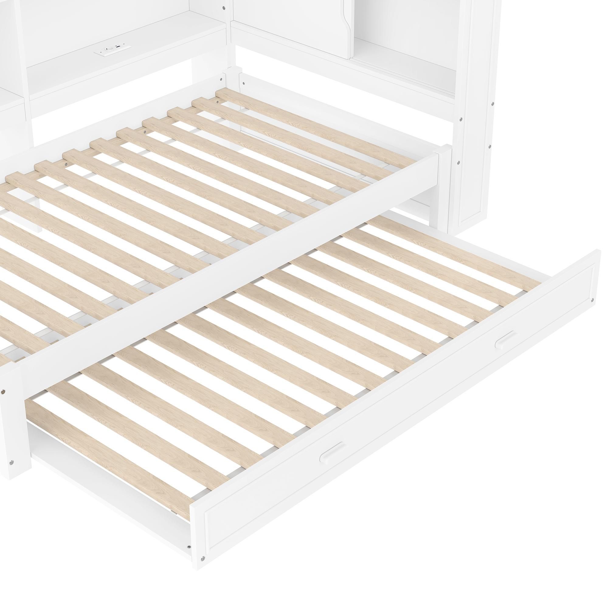 Flieks Schalfsofa Holzbett 90x200cm mit Ausziehbett, Tagesbett Einzelbett mit Led und Ladefunktion, Jugendbett mit Staufach, Weiß