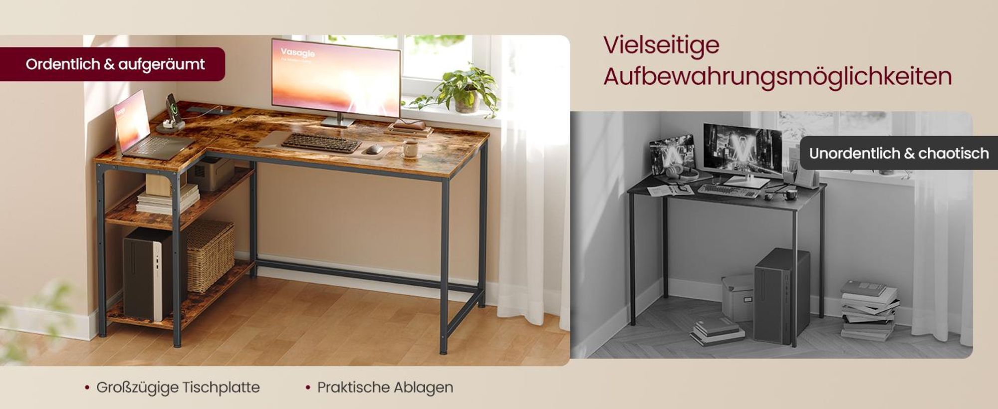 VASAGLE Schreibtisch mit Stauraum, L-Form Computertisch, höhenverstellbare Ablage, Büro, mit Ladestation, 120 x 80 cm, braun