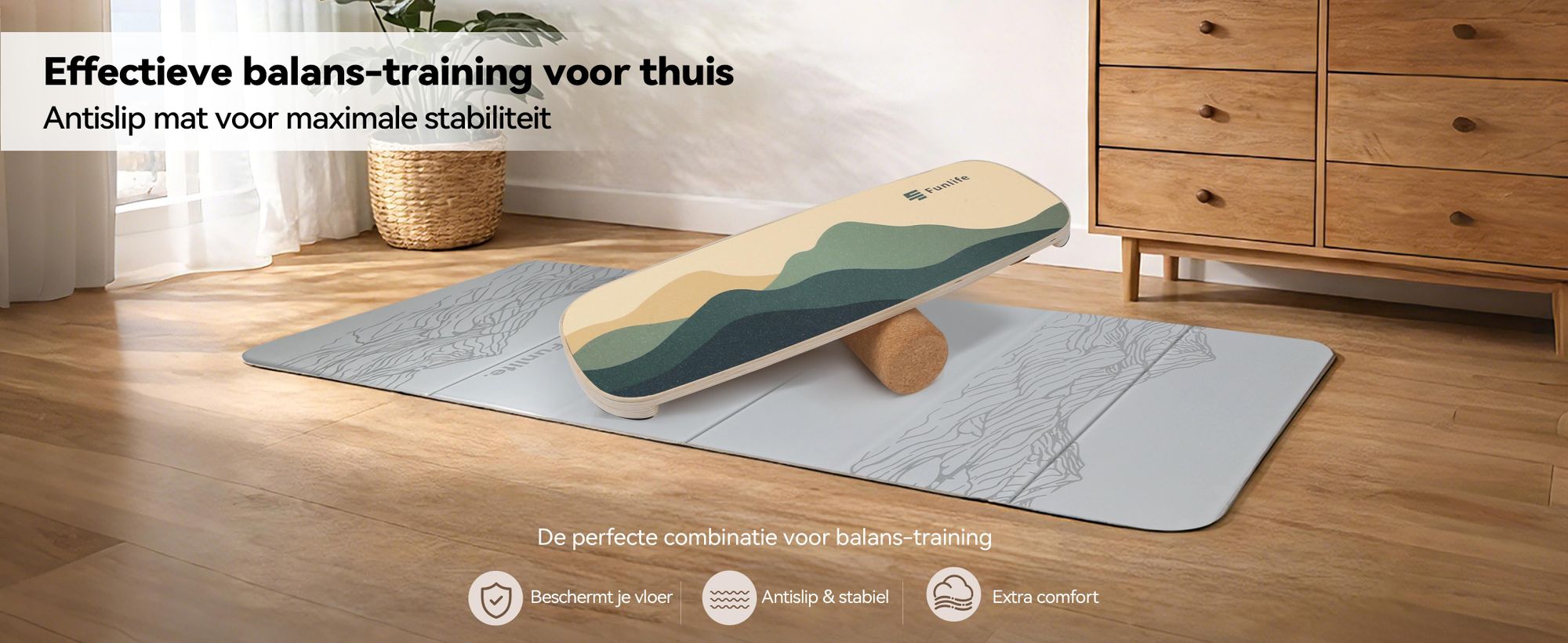 FunLife Balance Board WAVE, gemaakt van berkenhout met een rol – een evenwichtstrainer voor core-training, coördinatie, en training voor surfen, skateboarden en snowboarden