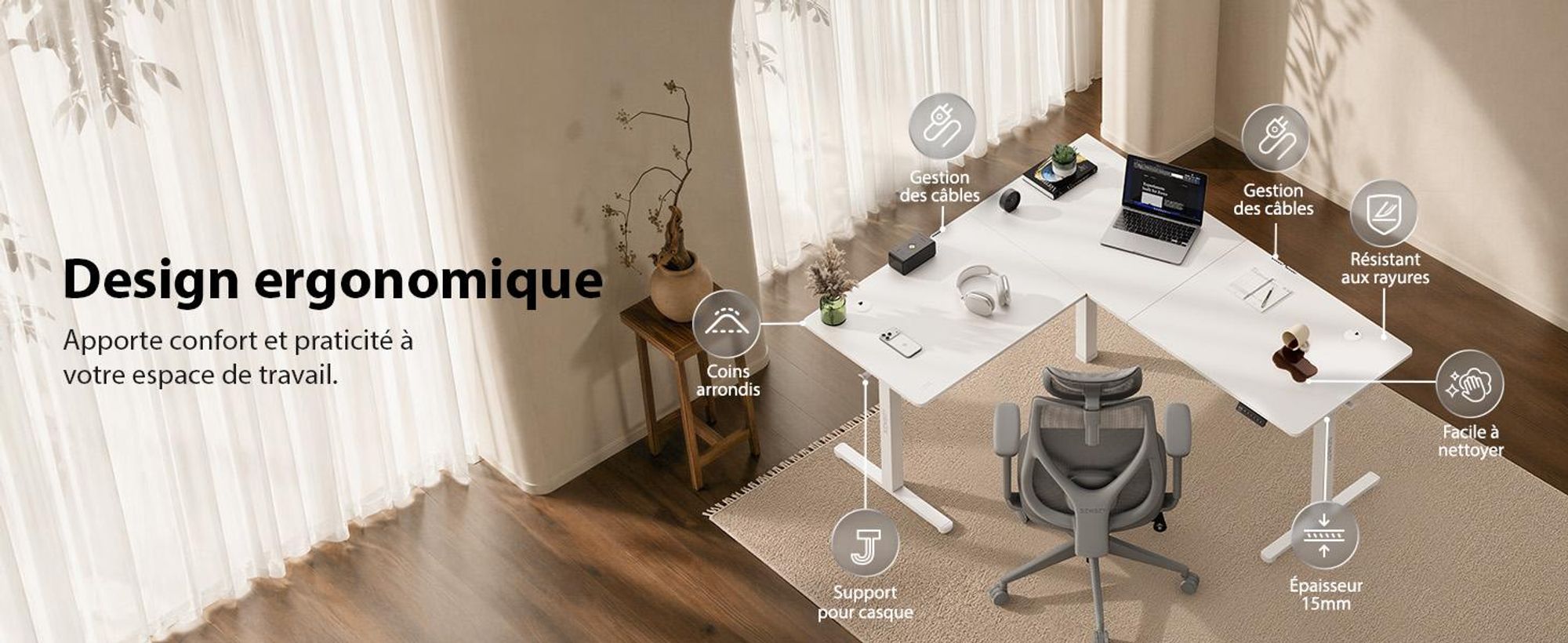 Bureau d'angle SENSE7 NOJO Light Corner, électrique, réglable en hauteur, 160x140, en forme de L, bureau debout à double moteur, structure blanche avec fonction mémoire, bureau pour ordinateur