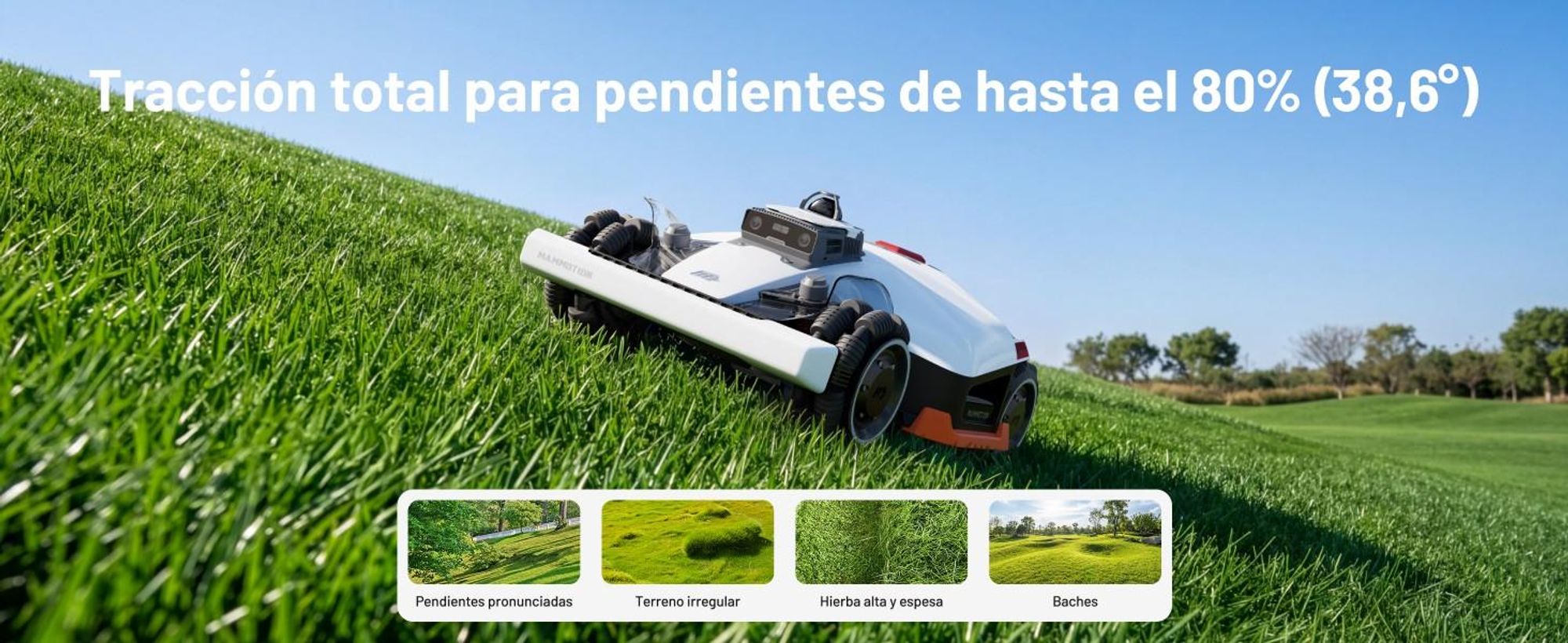 Cortacésped robótico Mammotion LUBA 3 AWD 1500 con soporte para lavado, para 1500m², tracción en las cuatro ruedas, pendiente 80%, mapeo-auto, 4G, APP