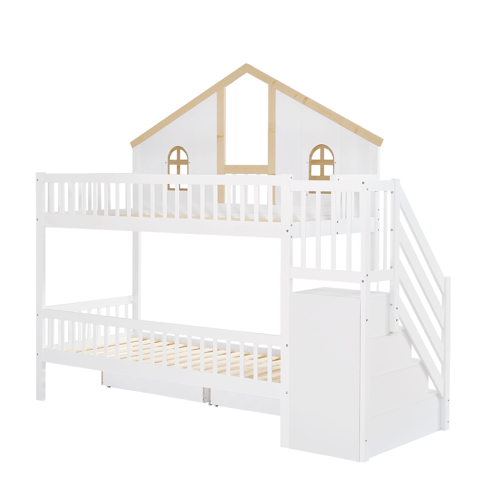 Flieks Etagenbett 90x200cm mit Schubladen, Kinderbett Hausbett mit Treppe, Stockbett Hochbett mit Rausfallschutz und Lattenrost, Einzelbett 2 Kinder