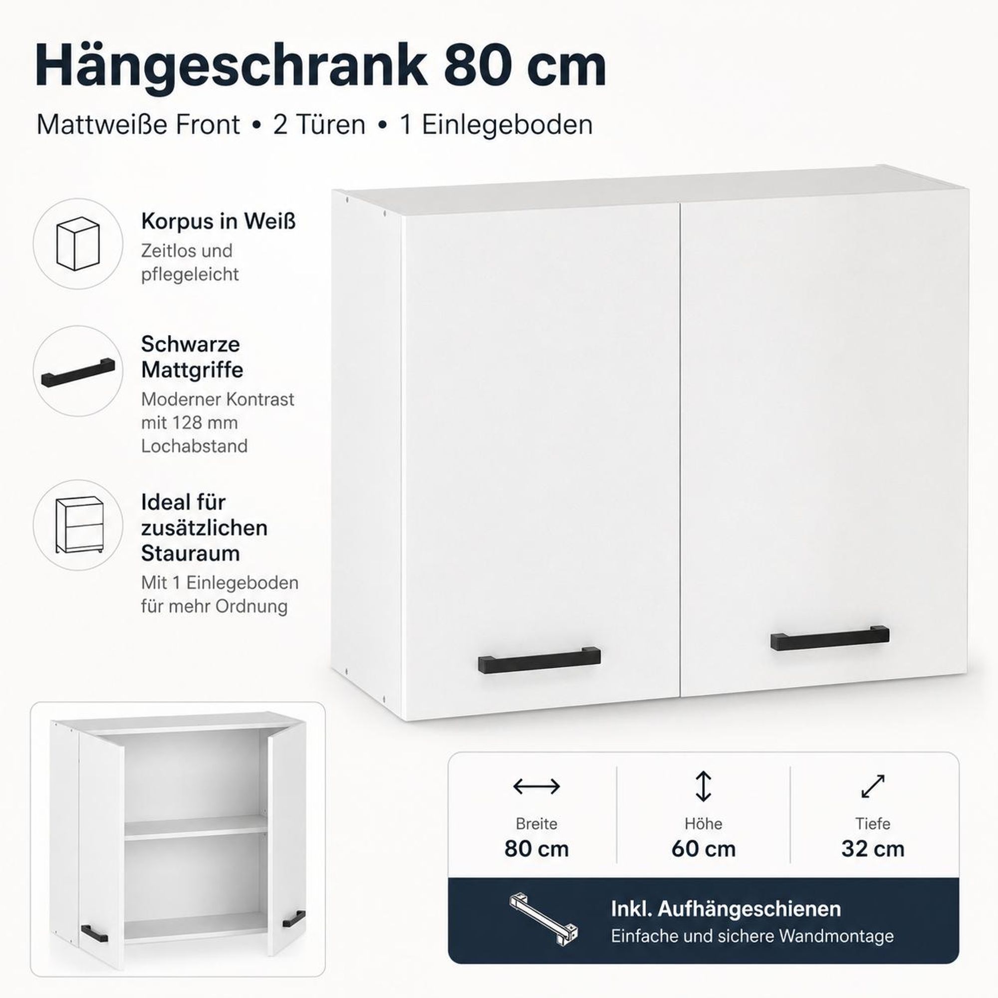 Hängeschrank 80 cm Weiß Matt: Moderner Küchenschrank, 2 Türen, schwarze Griffe.