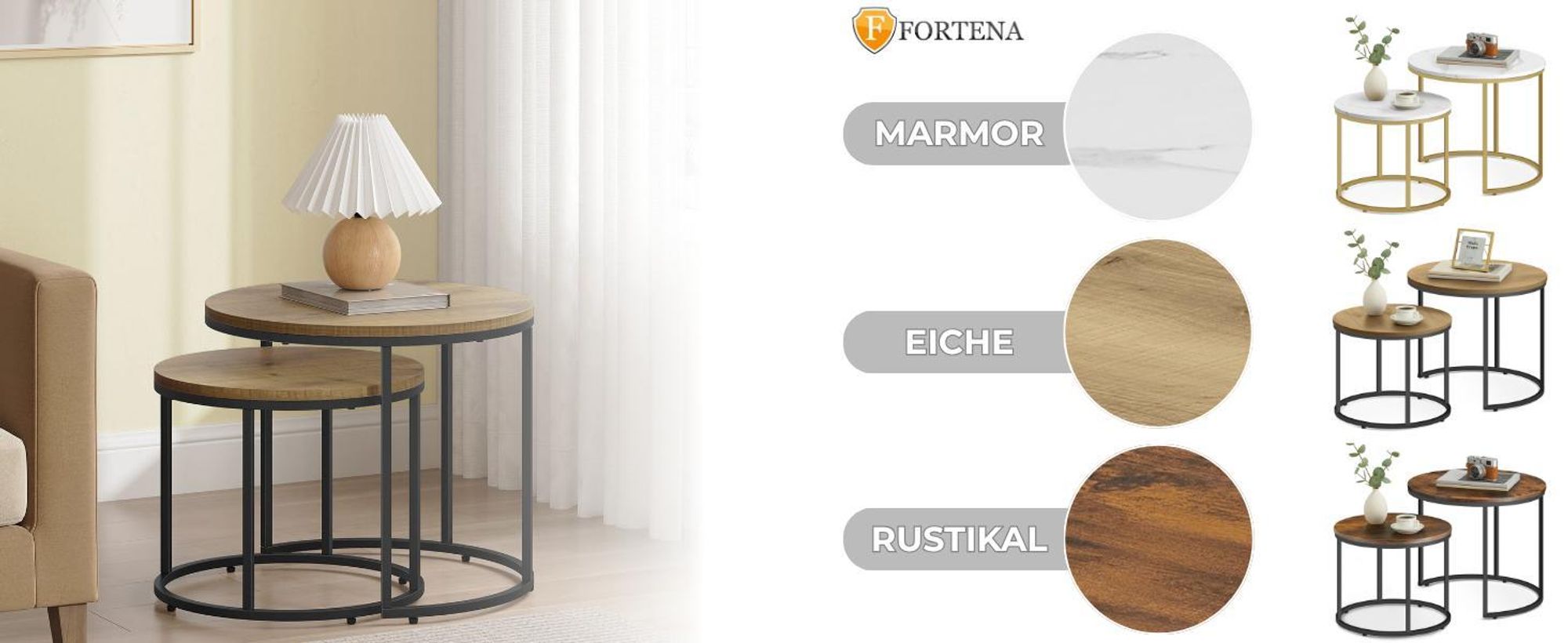 FORTENA Couchtisch Set 2er Rund, Eiche Optik/Schwarz, Metall