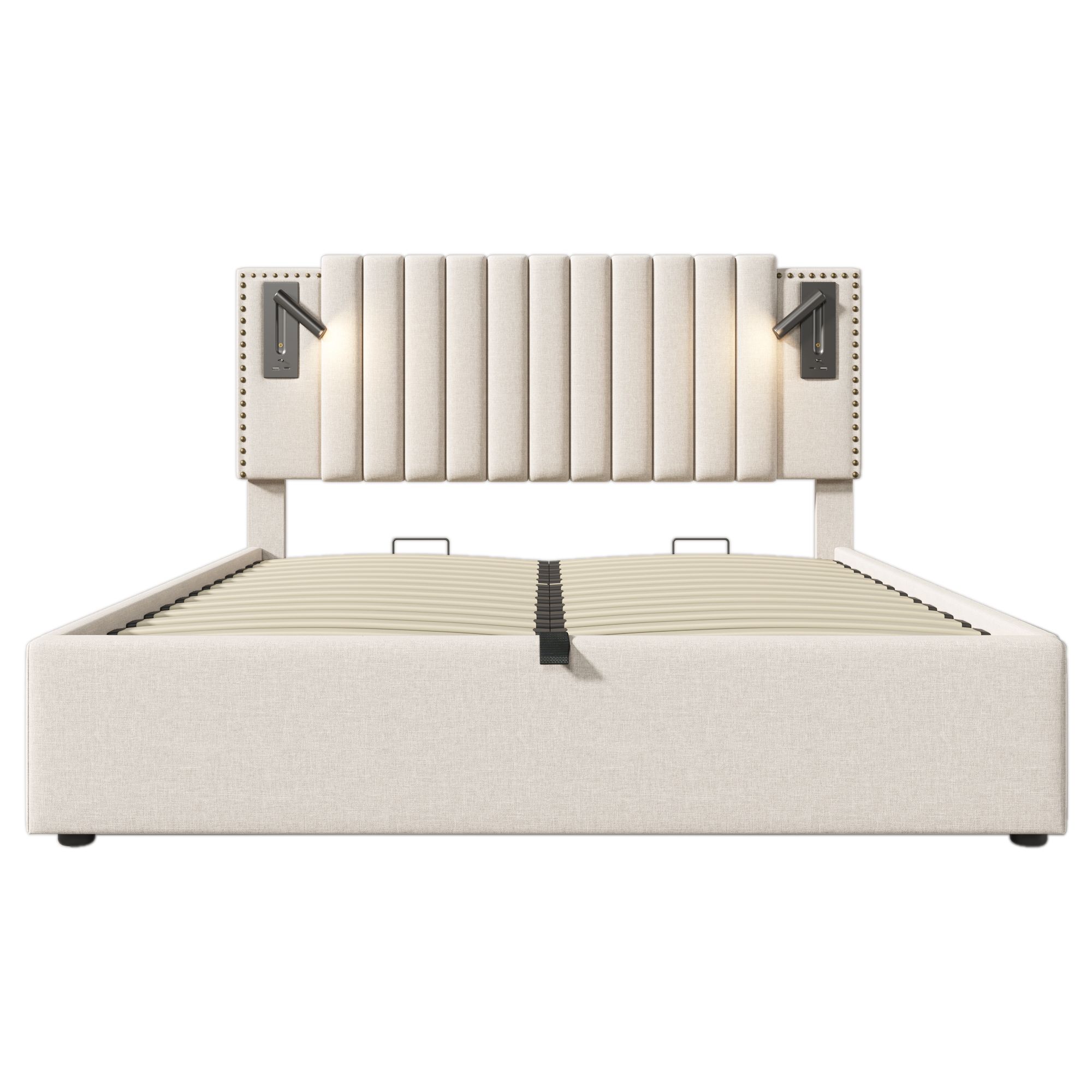 Flieks Polsterbett 160x200cm mit Leselampe, Doppelbett Stauraumbett Boxspringbett mit Ladefunktion (USB, Typ-C), Jugendbett mit Lattenrost, Baumwolle
