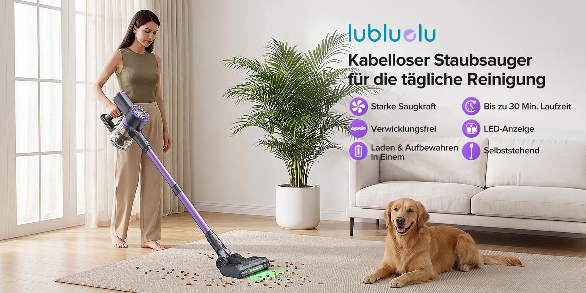 Lubluelu P2 75000 Pa Akku-Staubsauger Saugleistung, Anti-Haar-Verwicklungsbürste, Grüne Beleuchtung, Freistehend, Teppiche & Hartböden